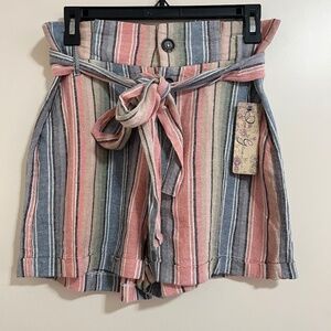 Womens Size M Linen Paperbag Shorts High Waist Tie Belt Vertical Stripes Wide.